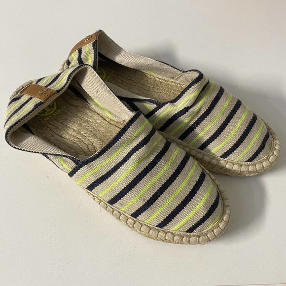 Tory Burch Multicolor Striped Canvas Espadrilles Flat Neon Green Navy 8 - Picture 2 of 7